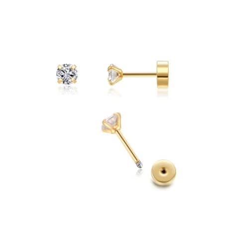 Renkovte 3mm CZ Screw on Flat Back Stud Earrings in 14K Gold, perfect for helix and tragus piercings.