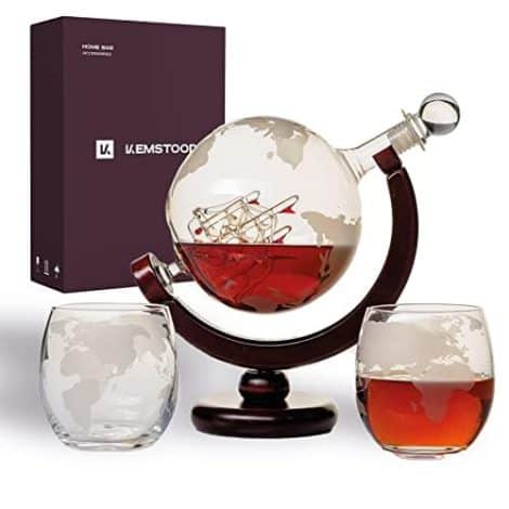 Kemstood Whiskey Globe Decanter Set – Wood Stand, 2 Glasses – Perfect for Stylish Home Drinking – Great Whiskey Gift!