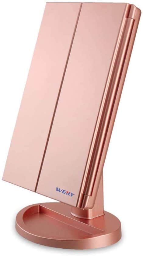 “Rose Gold Tri-fold Vanity Mirror: Portable, Chargeable, with LED Lights and Multiple Magnification Mirrors.”