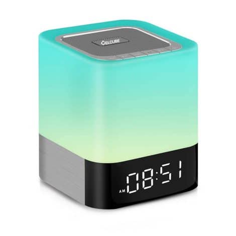 Color-Changing Bedside Lamp with Bluetooth Speaker: a sleek night light, alarm clock, and MP3 player in one.