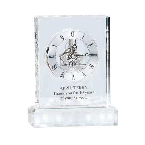 Baudville Engraved Clock Trophy – Elegant Crystal – Rectangle Design on a Rectangular Base – Silver Time Piece