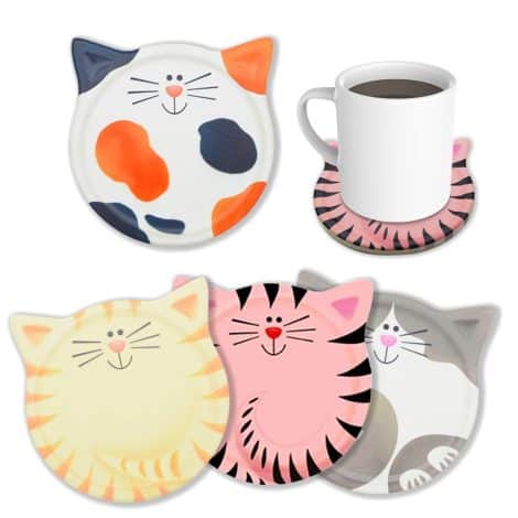 “4.25 inch Kitty Coaster Set: Absorbent Ceramic Coasters with Cat Shape; Perfect Gift for Cat Lovers.”