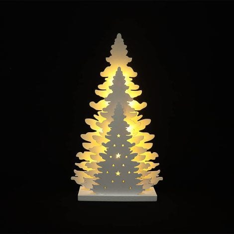 Wooden Christmas Tree Tabletop Decoration with LED lights for indoor Xmas home decor – 10 inches, 2AA battery powered.