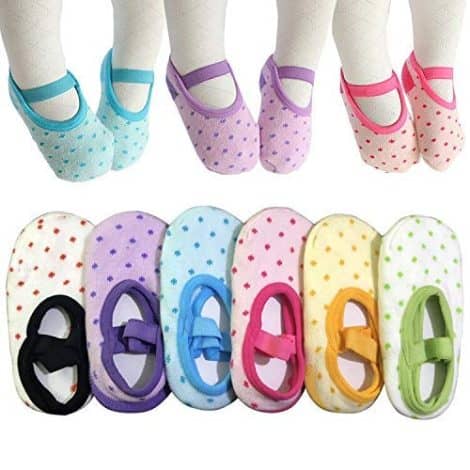 Baby girl gift: 6 pairs of anti-slip Mary Jane socks with straps for 12-30 month walkers.