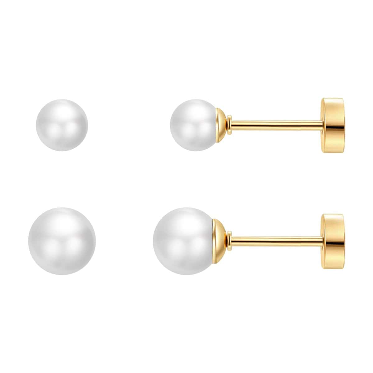 SmileBelle Flat Back Pearl Studs, 2 Pairs Gold Screw Back Earrings for Women Hypoallergenic Cartilage Earring Stud for Girls Nap Earrings Sleep Earrings Helix Piercing Jewelry Gift (4cm+6cm)