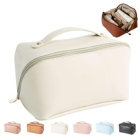 MINGRI Travel Makeup Bag in White is a spacious, waterproof, and versatile toiletry bag for American women.