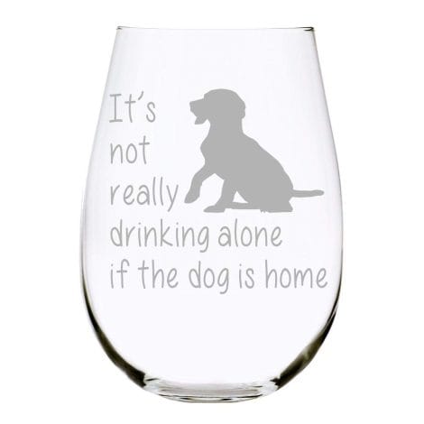 The “C & M Personal Gifts Woof Woof Stemless Wine Glass” is a hilarious present for dog lovers.