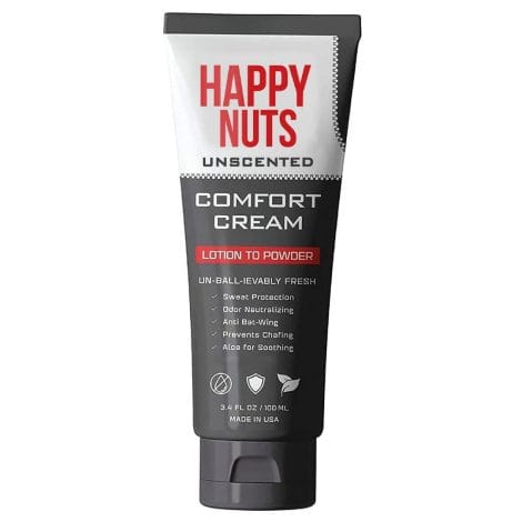 HAPPY NUTS Gentle Deodorant Cream: Shields against sweat, soothes, controls odor without aluminum. For men’s intimate areas.