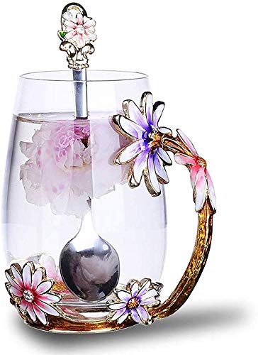 Luka Tech Purple Enamel Flower Mug Set: Lead-free Glass, Steel Spoon – Perfect Gift for Women!