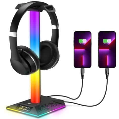 Enhanced gaming headphones stand with USB ports, AUX compatibility, dynamic lights, and memory feature for desk.