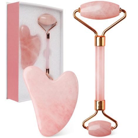 Rose Quartz Facial Roller and Gua Sha Set, Pink Self-Care Beauty Tools for Face, Eyes, and Neck, Anti-aging.