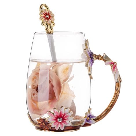 Enamel Floral Glass Coffee Mugs with Spoon: Perfect Holiday Gift for Her – Moms, Sisters, Friends!