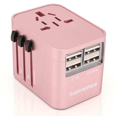 SublimeWare All-in-One Travel Adapter (Rose Gold) – Versatile, 4 USB, works in 150+ countries, including UK, Japan, Germany, France, EU.