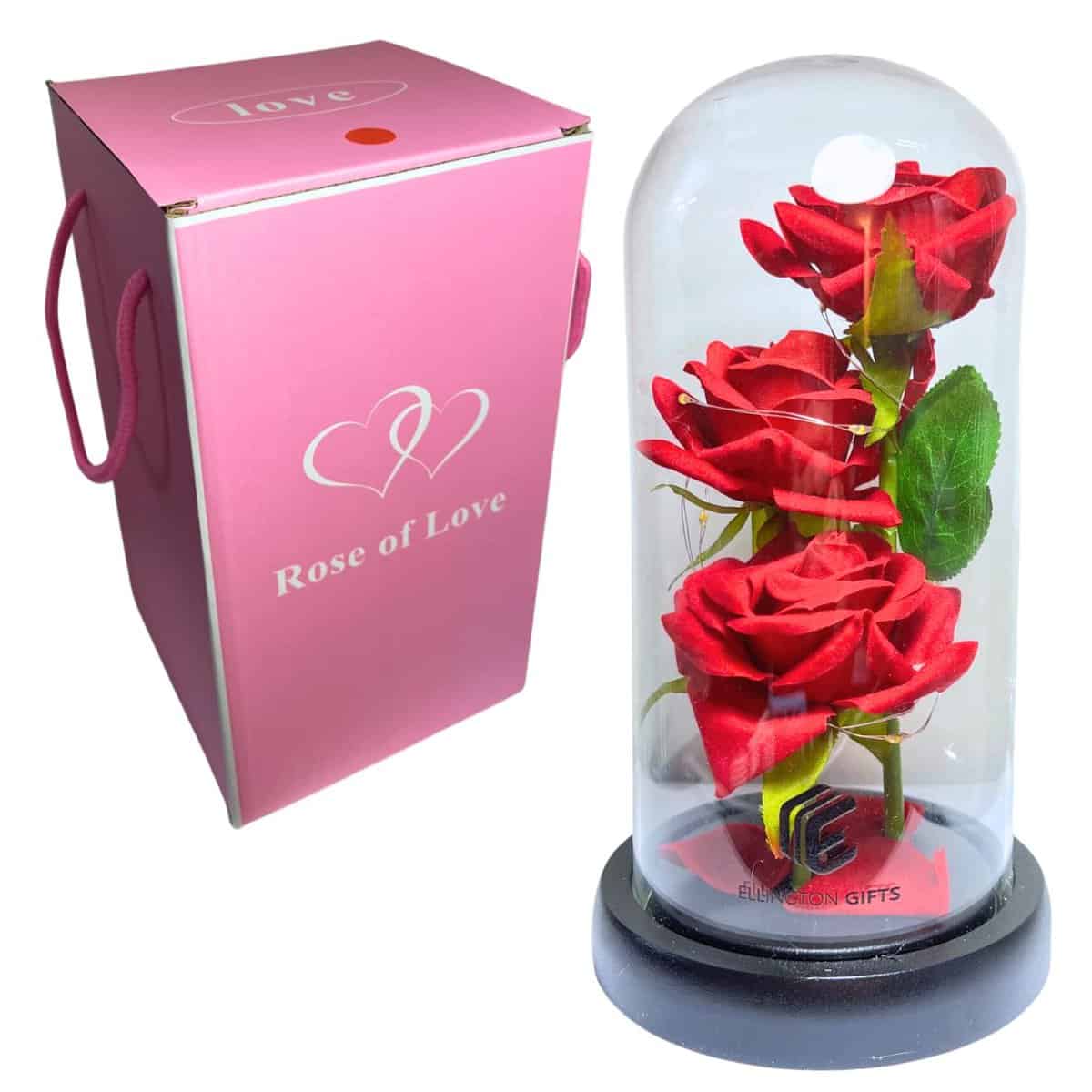 Ellington Gifts Artificial Flower Rose Gift | Light Up Night LED, Forever Enchanted Rose in Glass Dome, Birthday Gifts for Women Mom Girlfriend, Special Valentine's Day (Premium Red)