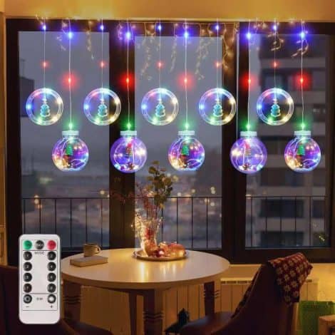 Skairipa Christmas Window Hanging Lights: Colorful Fairy Curtain Lights with Remote Timer, USB-powered for Party Decor.