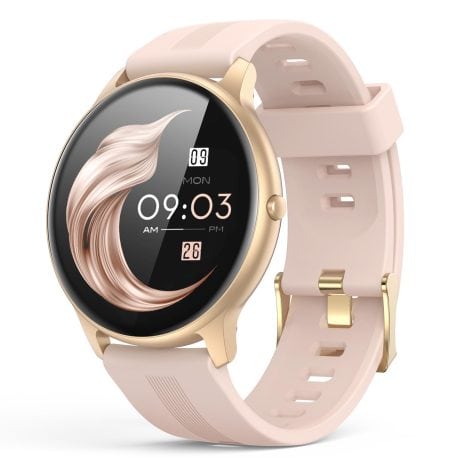 AGPTEK Pink Smartwatch: Waterproof fitness tracker with heart rate and sleep monitor, compatible with Android and iOS.