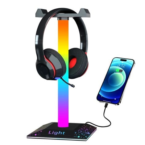 KANTUTOE RGB Headset Stand: Desk accessory with Type-C and USB ports, headphonе holder with 10 light modes, non-slip rubber. Perfect gift for husband, kids, boyfriend.