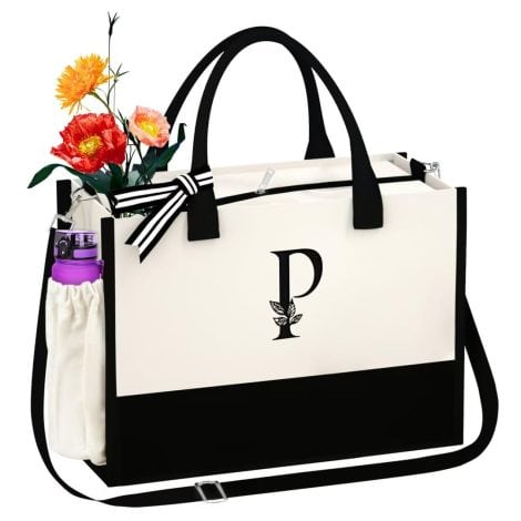 Customizable beach tote bag with zipper and shoulder strap, featuring unique initial embroidery for a special birthday, Valentine’s, Mother’s Day, or anniversary gift.