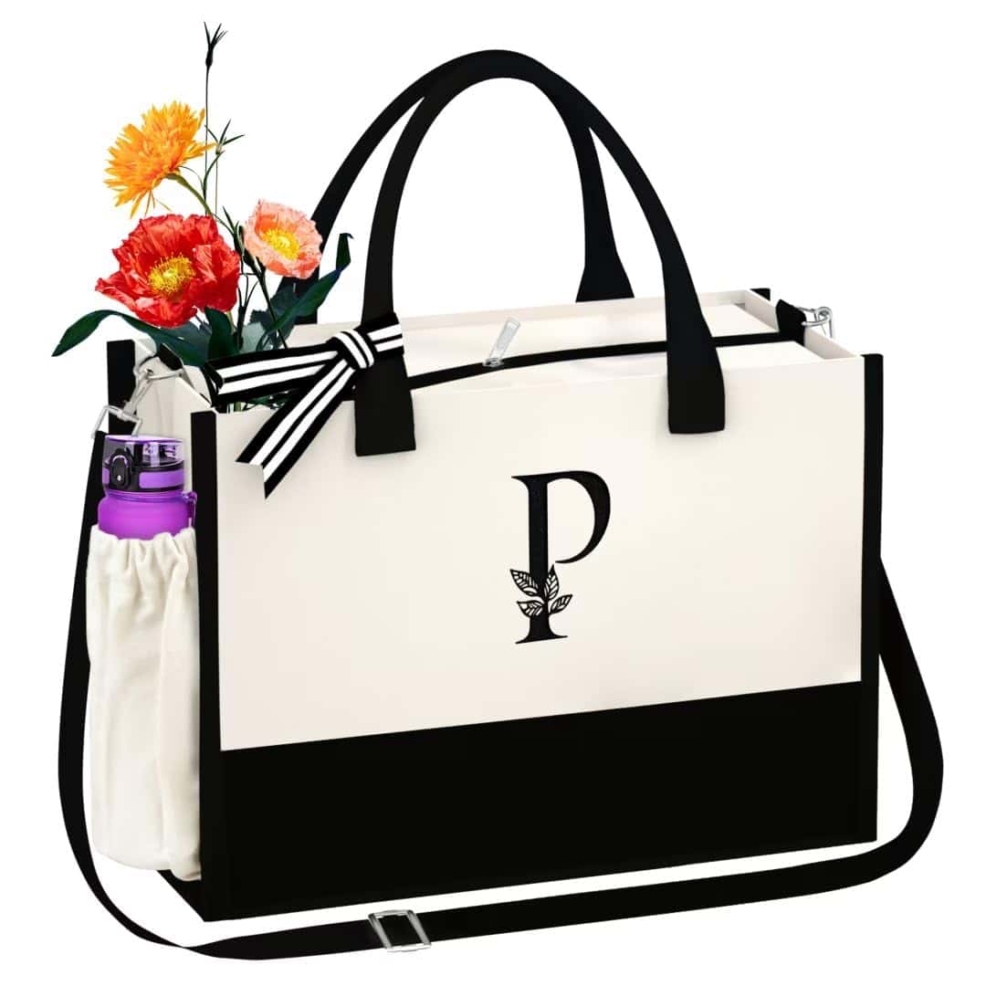 AUNOOL Personalized Birthday Gift for Mom Friends Canvas Beach Tote Bag with Zipper and Shoulder Strap Unique Initial Embroidery Gifts Ideas for Birthday Valentine Mother's Day Anniversary Letter P