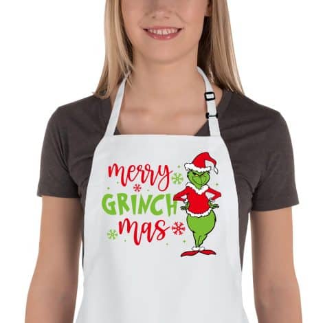 Get into the holiday spirit with the Merry Grinchmas apron – a fun Christmas gift for anyone who loves baking.