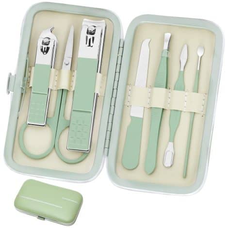 Aceoce nail grooming kit, perfect for on-the-go, includes 8 stainless steel tools in a sleek travel case. Ideal gift.