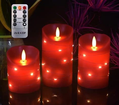 Red LED flameless candle with built-in starlight string, set of 3 candles, remote control, timer, dancing flame, wax exterior, battery-operated.