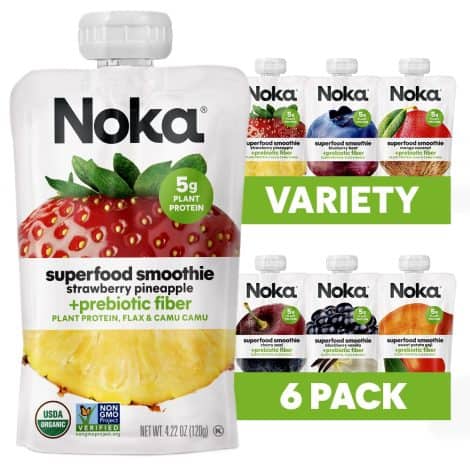 Noka Superfood Fruit Smoothie Pouches Variety Pack – Healthy snacks with flax seed, fiber, and protein. Vegan, gluten-free, and organic – 4.22 oz, 6 count.