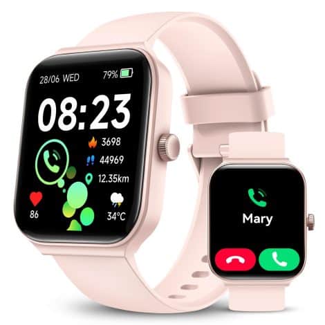 “Women’s WMK Smartwatch: Monitors heart rate, sleep, tracks activities, Bluetooth call, Alexa built-in; compatible with iOS and Android.”