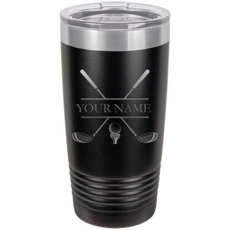 Black CustomGiftsNow Personalized Stainless Steel Golfers’ Travel Mug with Engraved Clubs – 20 oz.