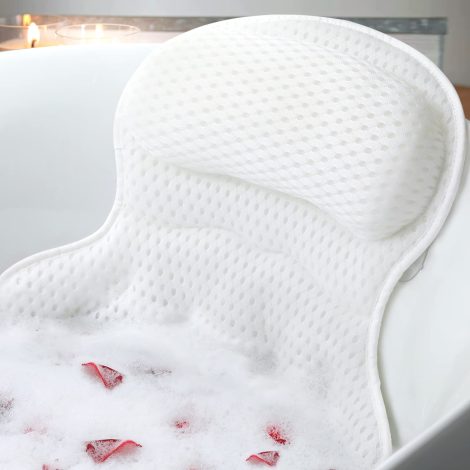 Relaxing Spa Accessories: Ozyalo Luxury Bath Pillow for Tub provides ultimate neck and back support with non-slip suction cups.