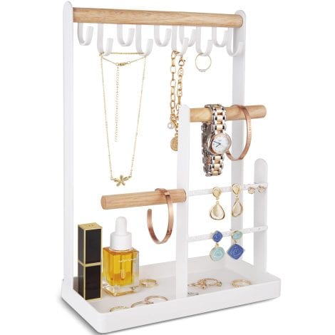 White Jewelry Tower Organizer with 4 levels, 10 hooks, 16 earring holders – perfect Christmas gift for ladies.