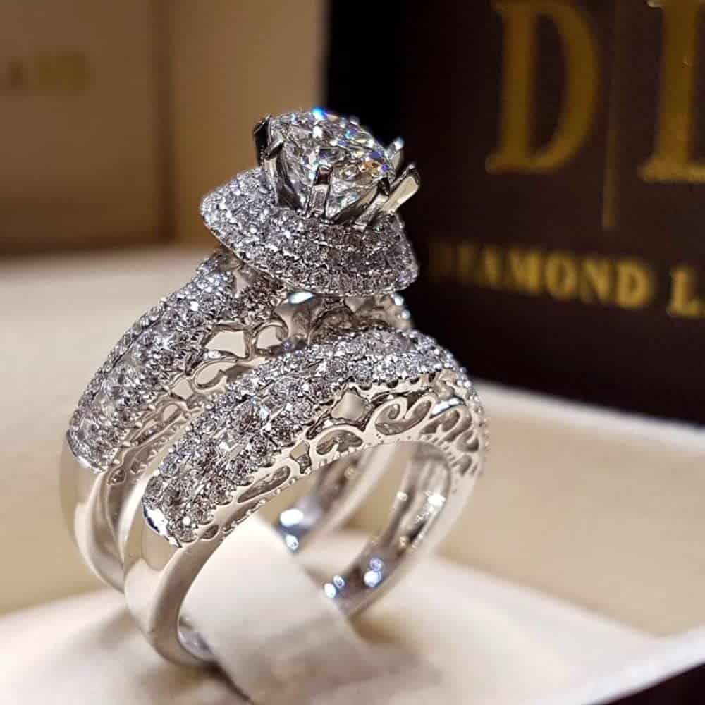 QUSIIOSLK Luxury 925 Sterling Silver Bridal Rings Sets AAA Cubic Zirconia CZ Full Diamond Engagements Rings Wedding 2 Pcs Promise Anniversary White Gold Rings for Women Jewelry Gift 10