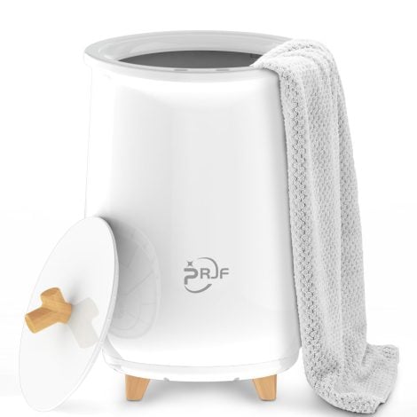 PRJF Towel Warmer: Bucket-shaped, heated device for your bathroom and bedroom. Fits two oversized towels, robes, and blankets. Perfect gifts for everyone!