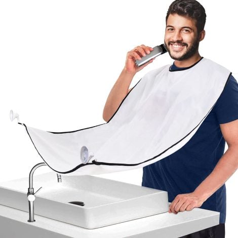 Beard Bib for Easy Beard Trimming, Hair Catcher with Non-Stick Cloth, Includes 4 Suction Cups – White.