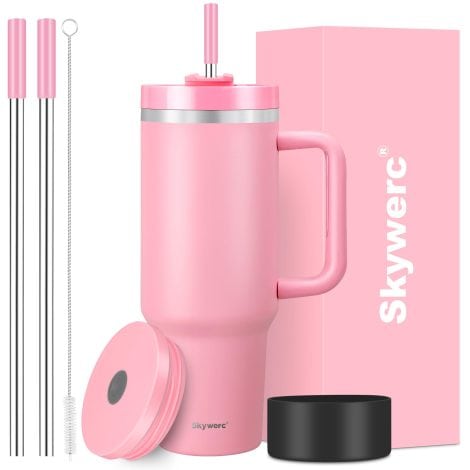 Skywerc 40 oz Tumbler: Stainless steel, double-wall, leakproof lid, handle, straw & 2 lids. Perfect for hot/cold beverages. Great gift option. Color: Pink.