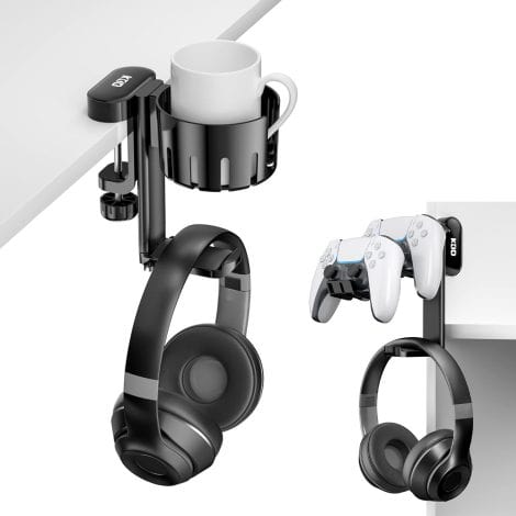 KDD Rotatable Headphone Hanger: a convenient 3-in-1 under desk stand for your headset, controller, and cup.