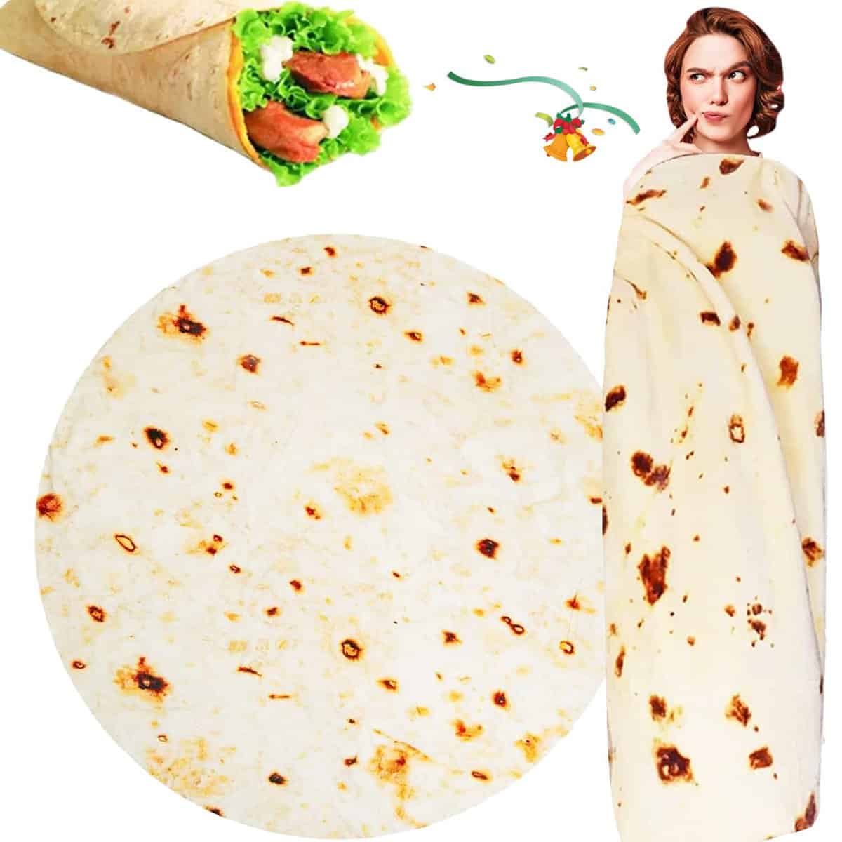 SILUI Tortilla Burrito Blanket White Elephant Gifts for Adults and Kids, Funny Novelty Gag Food Throw Blanket for Women, Men, Mom, Dad, 300 GSM Flannel Taco Wrap Blanket(83 Inches)