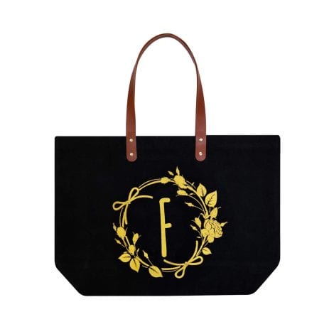 ElegantPark Customized Gifts for American women: Monogrammed black canvas tote bag with pocket and gold “F”.