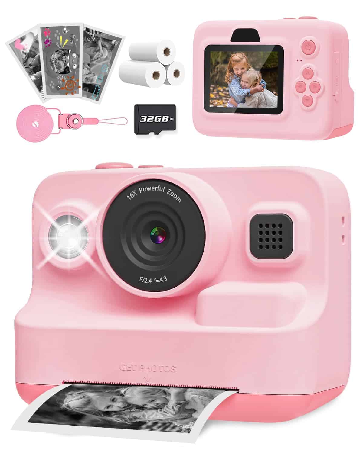 Anchioo Instant Print Camera for Kids, 2.4 Inch Screen Kids Camera for Girls with 3 Print Paper, Birthday Gift for Girls Boys Age 3-12, 1080P Instant Camera Toys for 3 4 5 6 7 8 Year Old Girl - Pink