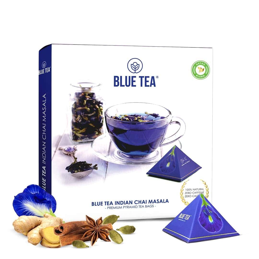 BLUE TEA - Indian Chai Masala - 12 Teabags | Ginger, Cinnamon, Cardamom | For Gift - Anniversary, Birthday, Friendship | Caffeine-Gluten Free |