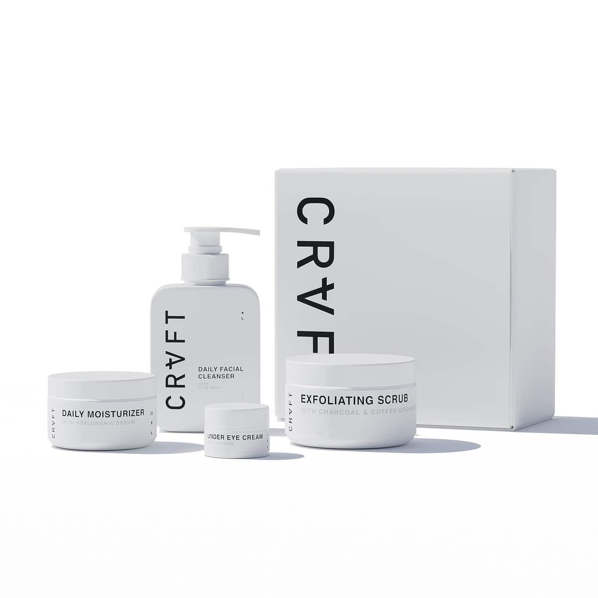 CRVFT Men’s Facial Care Kit | Aloe Vera Face Wash 3oz | Hyaluronic Moisturizer 1oz | Charcoal Exfoliating Scrub 1.7oz | Men’s Under Eye Cream 0.25oz | 4 Piece Complete Daily Skin Care System [Scented]