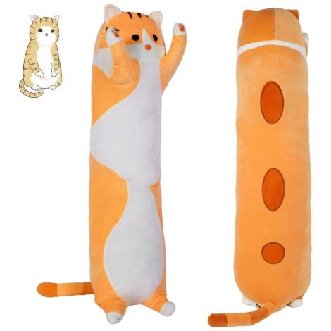 Kitten Plush Pillow: Adorable long brown cat stuffed toy, perfect decorative gift for video game fans, girlfriend, and kids.