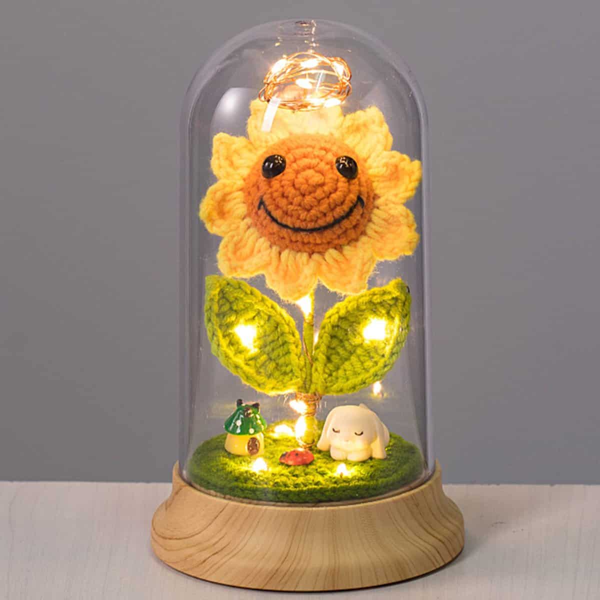 Levvohd Eternal Sunflower Gifts for Women, Crochet Artificial Sun Flower Decor in Plastic Dome with Led, for Her Mom Mothers Day Birthday Anniversary Christmas Valentine's Day Gifts (Yellow)