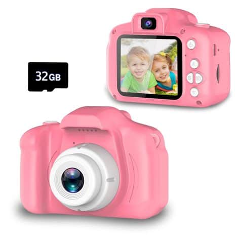 Seckton Enhanced Kids Camera, Perfect Pink Toy Gift for Girls 3-9, with HD Video & 32GB SD.