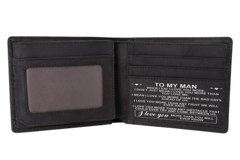 “Customized Leather Men’s Wallet with Engraving, RFID Protection. A Sleek Black Gift for Valentine’s, Birthdays, and Christmas.”