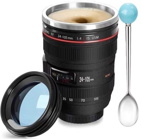 Camera Lens Coffee Mug – A cool, stainless steel lens-shaped mug, perfect gift for photographers, home & friends.