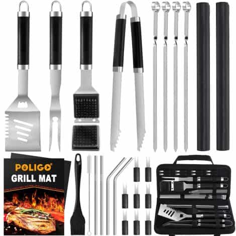 POLIGO 26 PCS Grill Set – Complete stainless steel BBQ utensils with bag, perfect gift for grill enthusiasts.