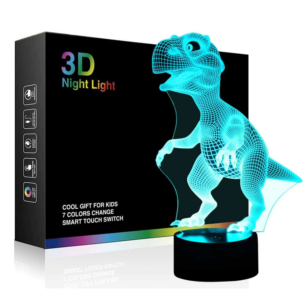 Ticent Dinosaur 3D Night Light Touch Activated Desk Lamp, 7 Colors 3D Optical Illusion Lights with Acrylic Flat, ABS Base & USB Charger for Christmas Kids Gifts