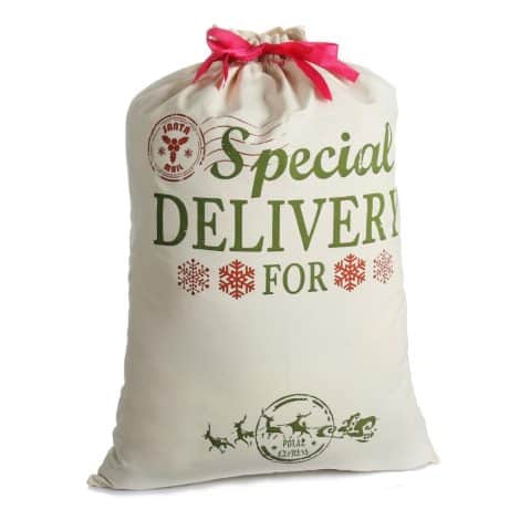 Large personalized Santa sacks made of burlap, perfect for Christmas gifts, decorations, and party favors for kids.