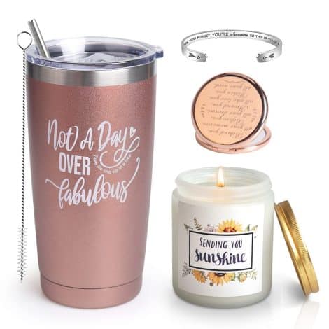 Celebrate her special day with a thoughtful gift set – Funny Wine Tumbler, Candle, Bracelet, Mirror, and Greeting Card.